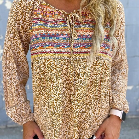 Savanna Jane Tops - Savanna Jane Floral Embroidered Long Sleeve Peasant Neck Tie Top Size Medium